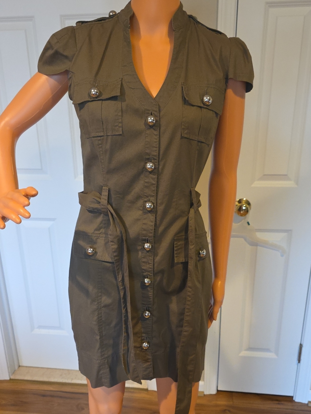 Express Olive Green Button-Front Utility Shirt Dress